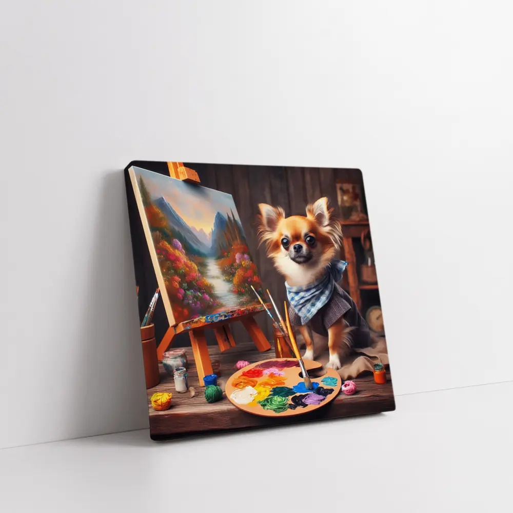 Chihuahua Artist Painting on Studio Easel – Wall Art