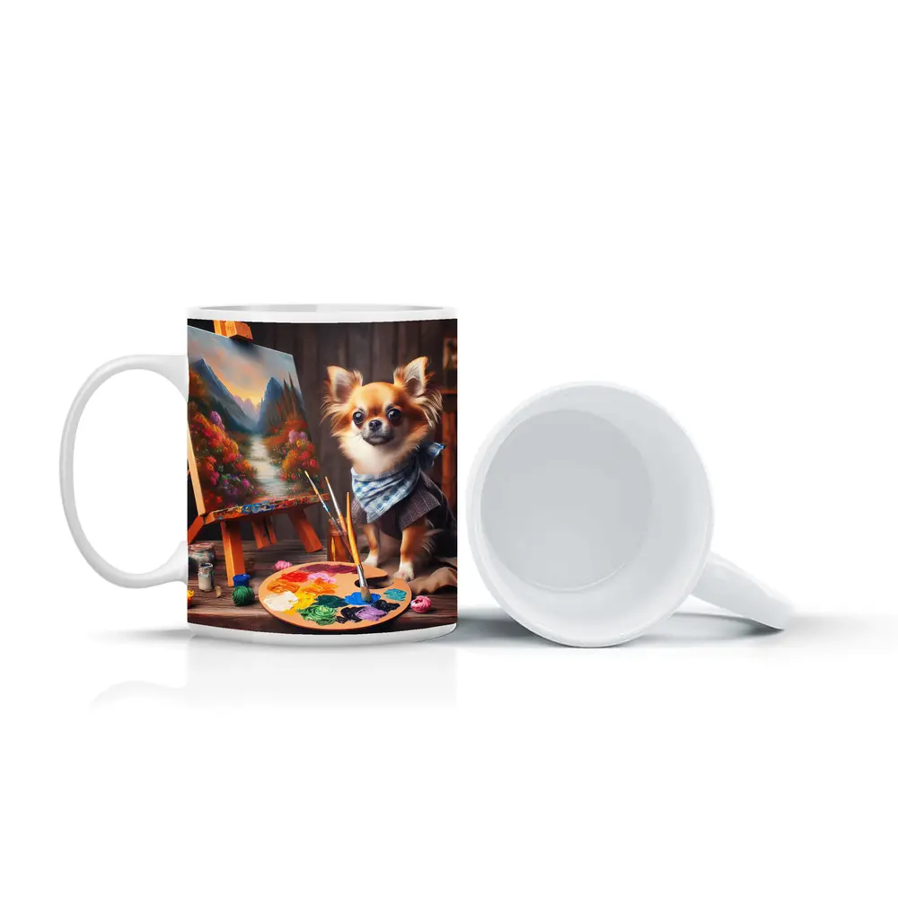 Chihuahua Artist Painting on Studio Easel – Mugs