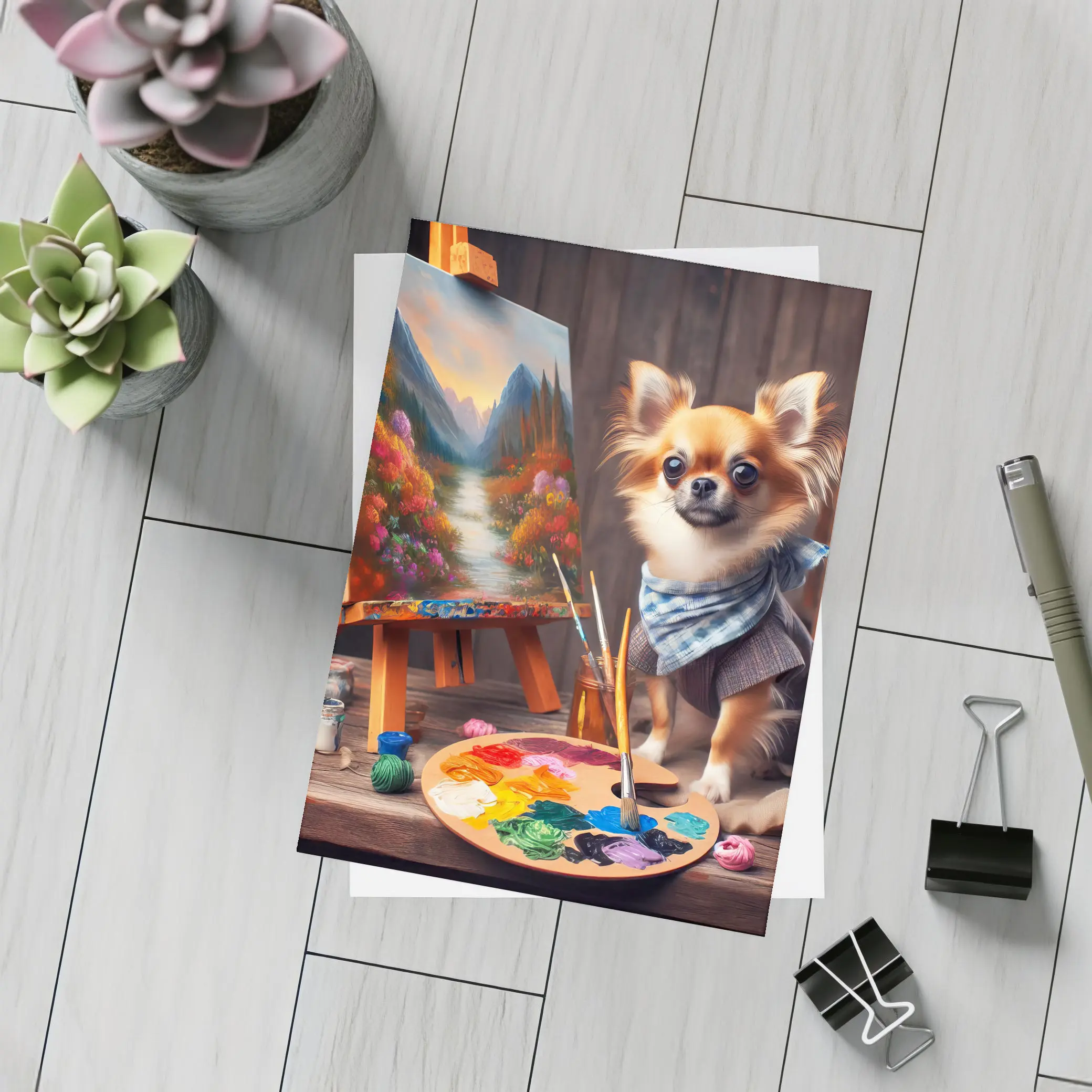 Chihuahua Artist Painting on Studio Easel – Postcards