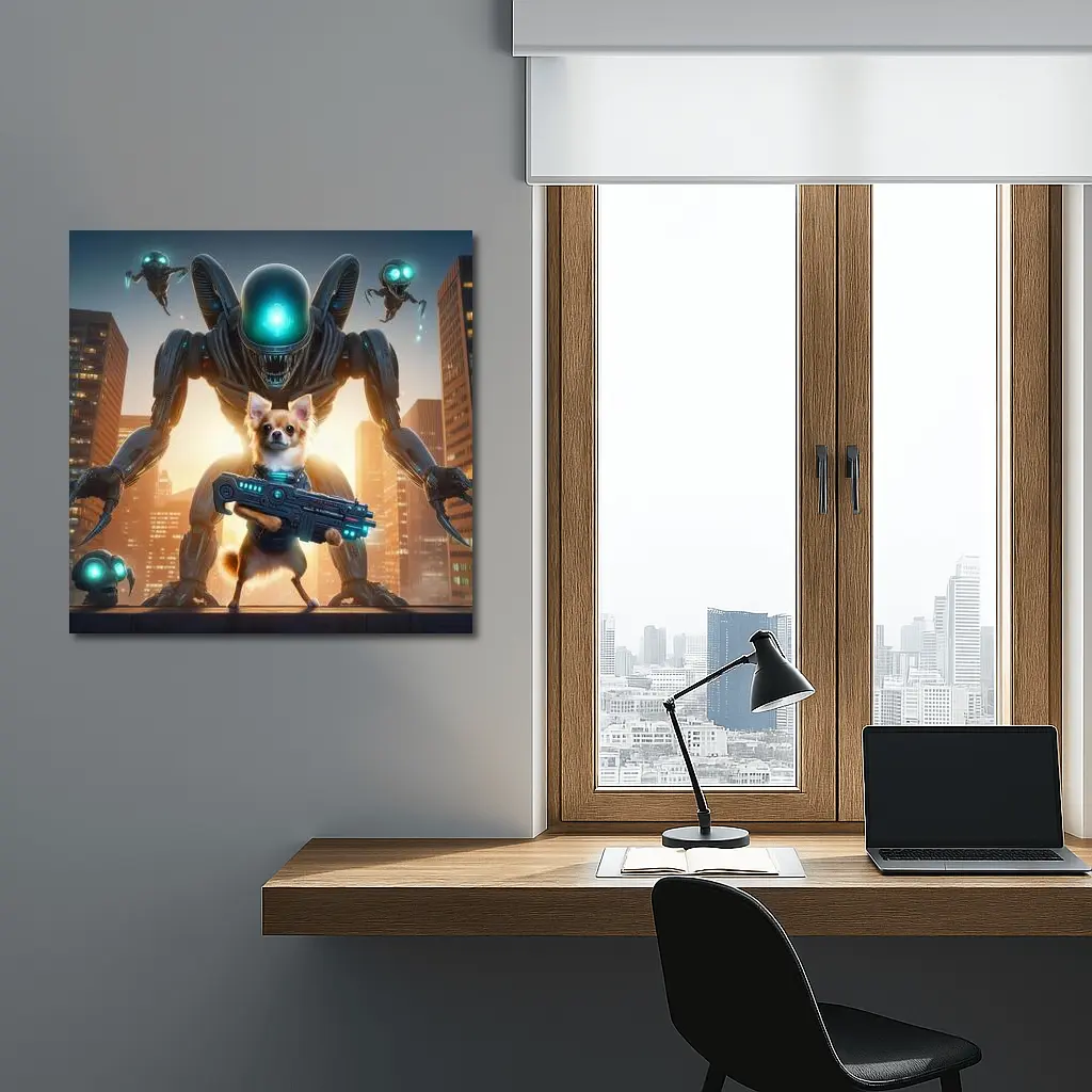 Chihuahua Armed Hero Alien Cyberpunk City – Wall Art