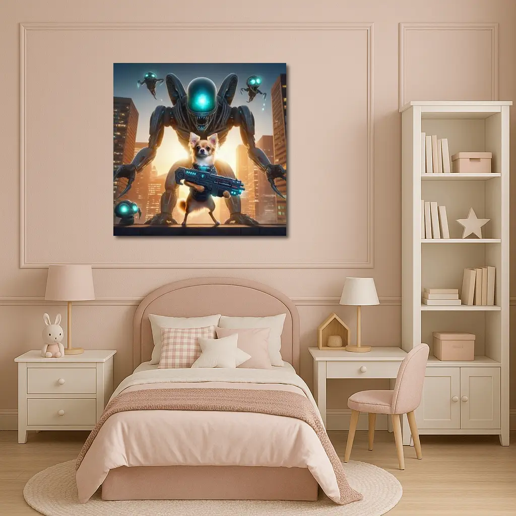 Chihuahua Armed Hero Alien Cyberpunk City – Wall Art