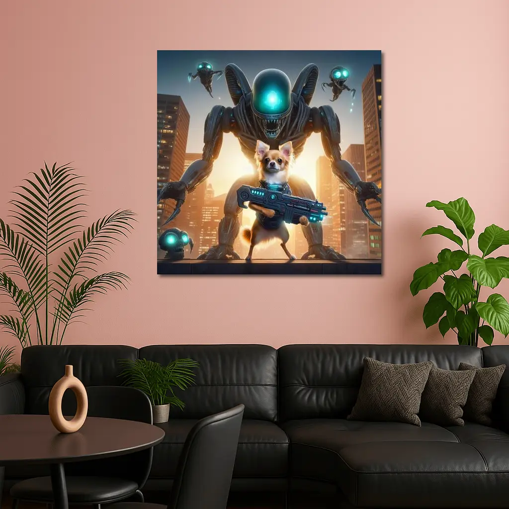 Chihuahua Armed Hero Alien Cyberpunk City – Wall Art