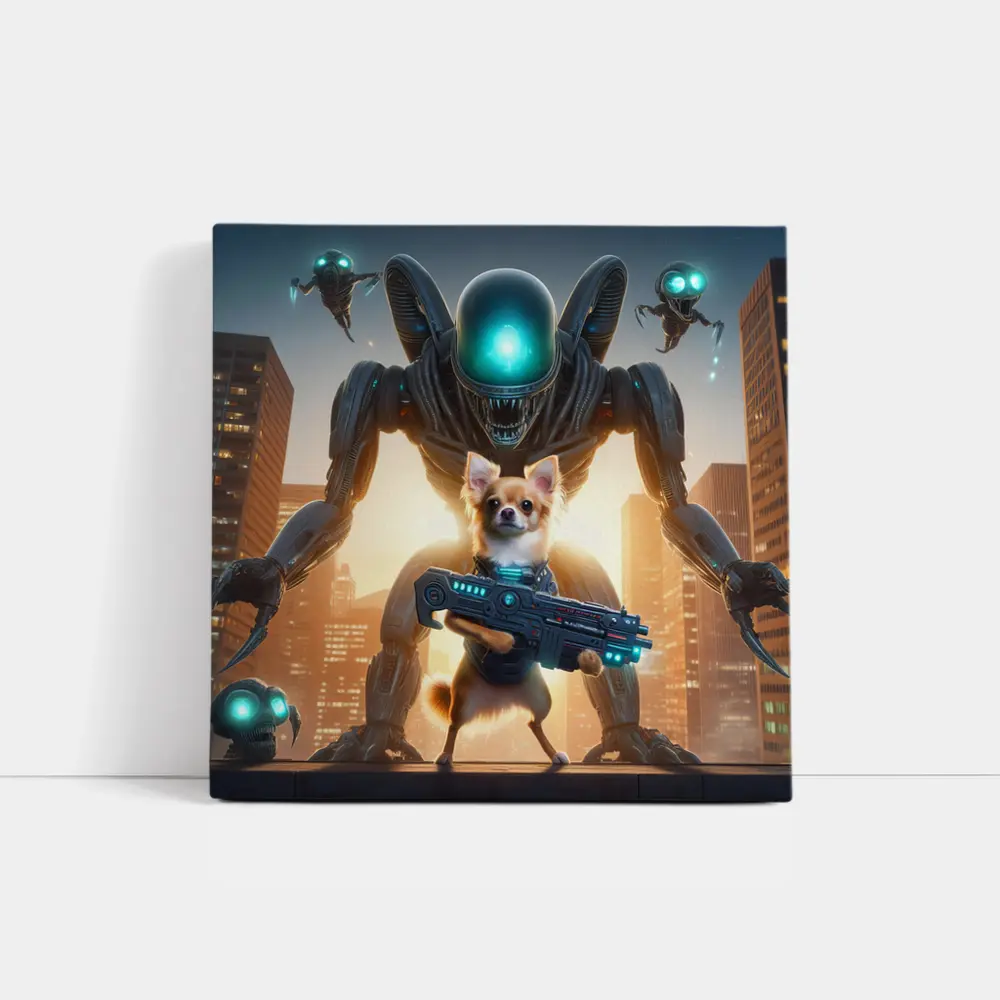 Chihuahua Armed Hero Alien Cyberpunk City – Wall Art