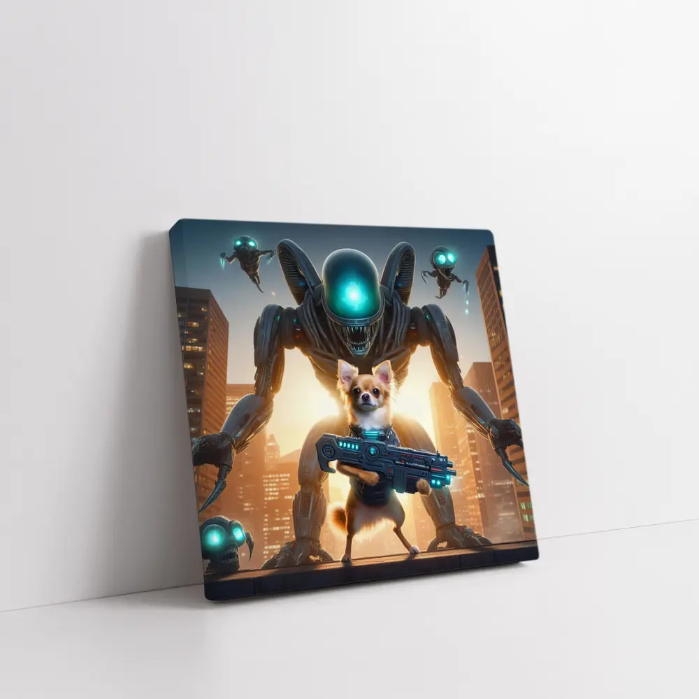 Chihuahua Armed Hero Alien Cyberpunk City – Wall Art