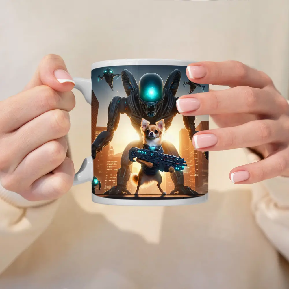 Chihuahua Armed Hero Alien Cyberpunk City – Mugs