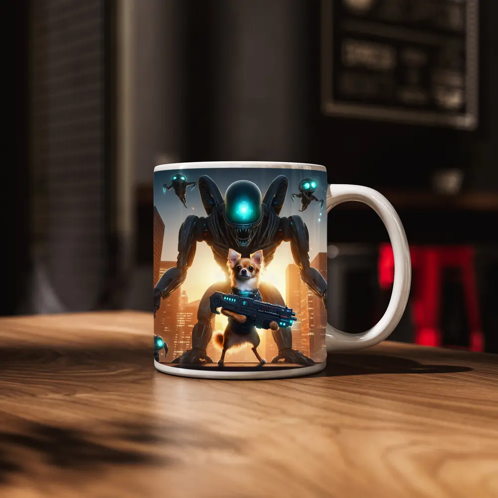 Chihuahua Armed Hero Alien Cyberpunk City – Mugs