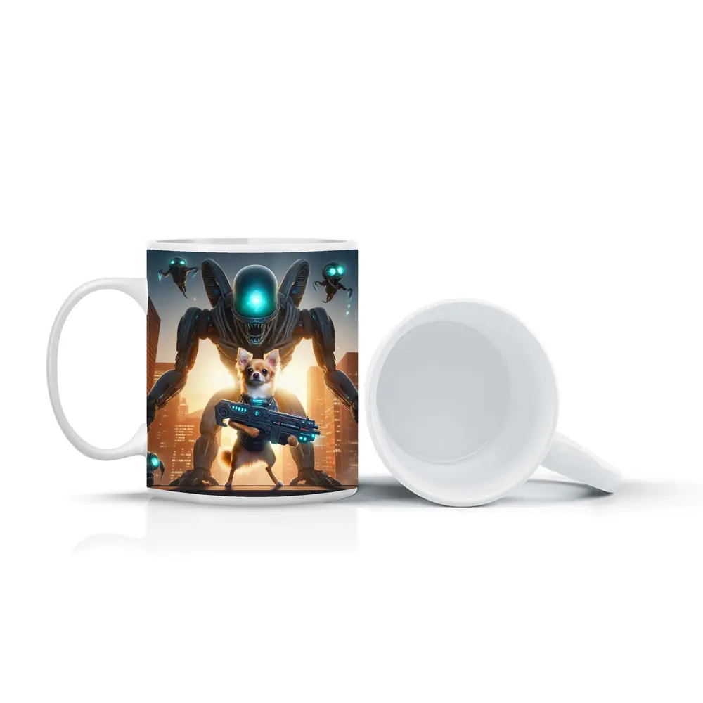 Chihuahua Armed Hero Alien Cyberpunk City – Mugs