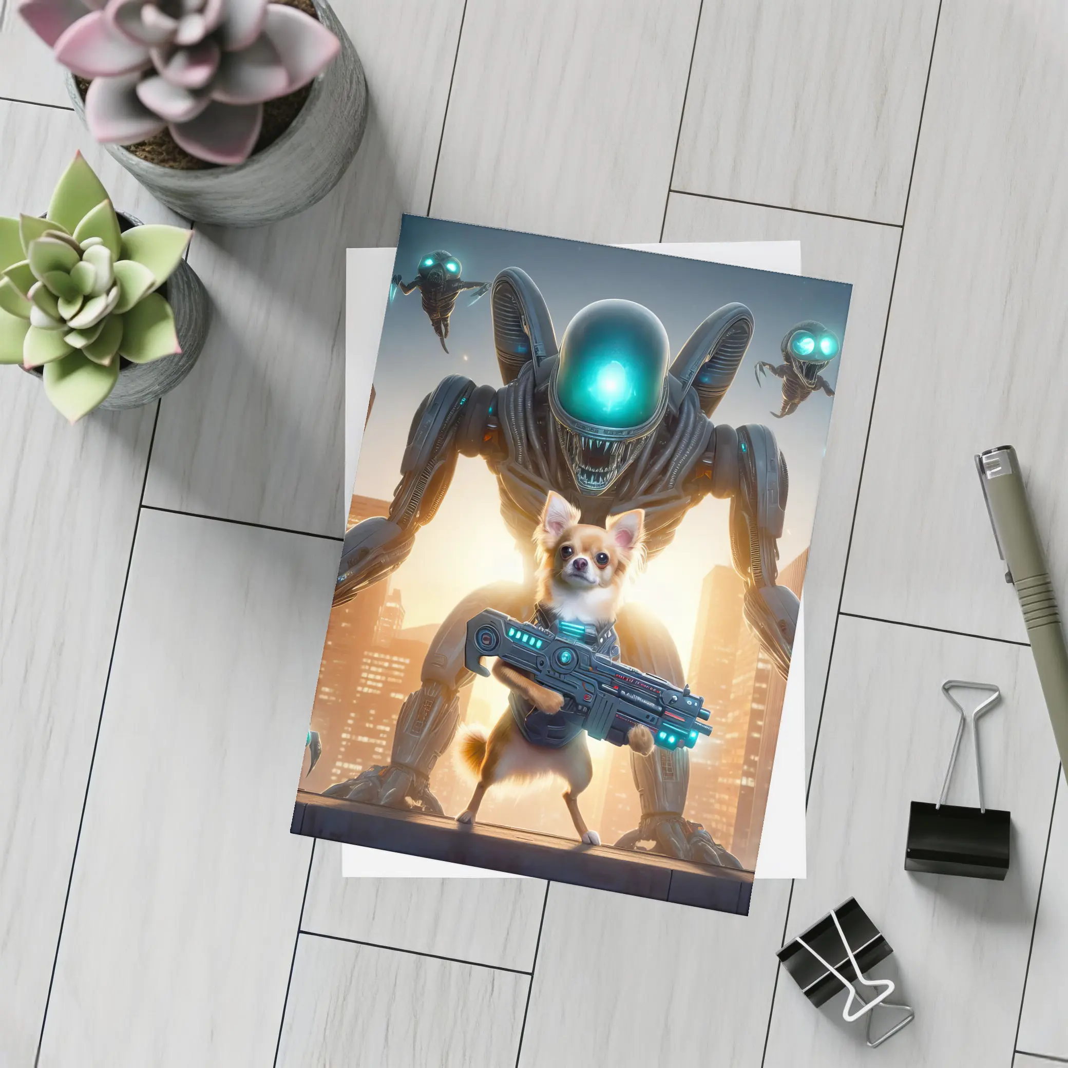Chihuahua Armed Hero Alien Cyberpunk City – Postcards