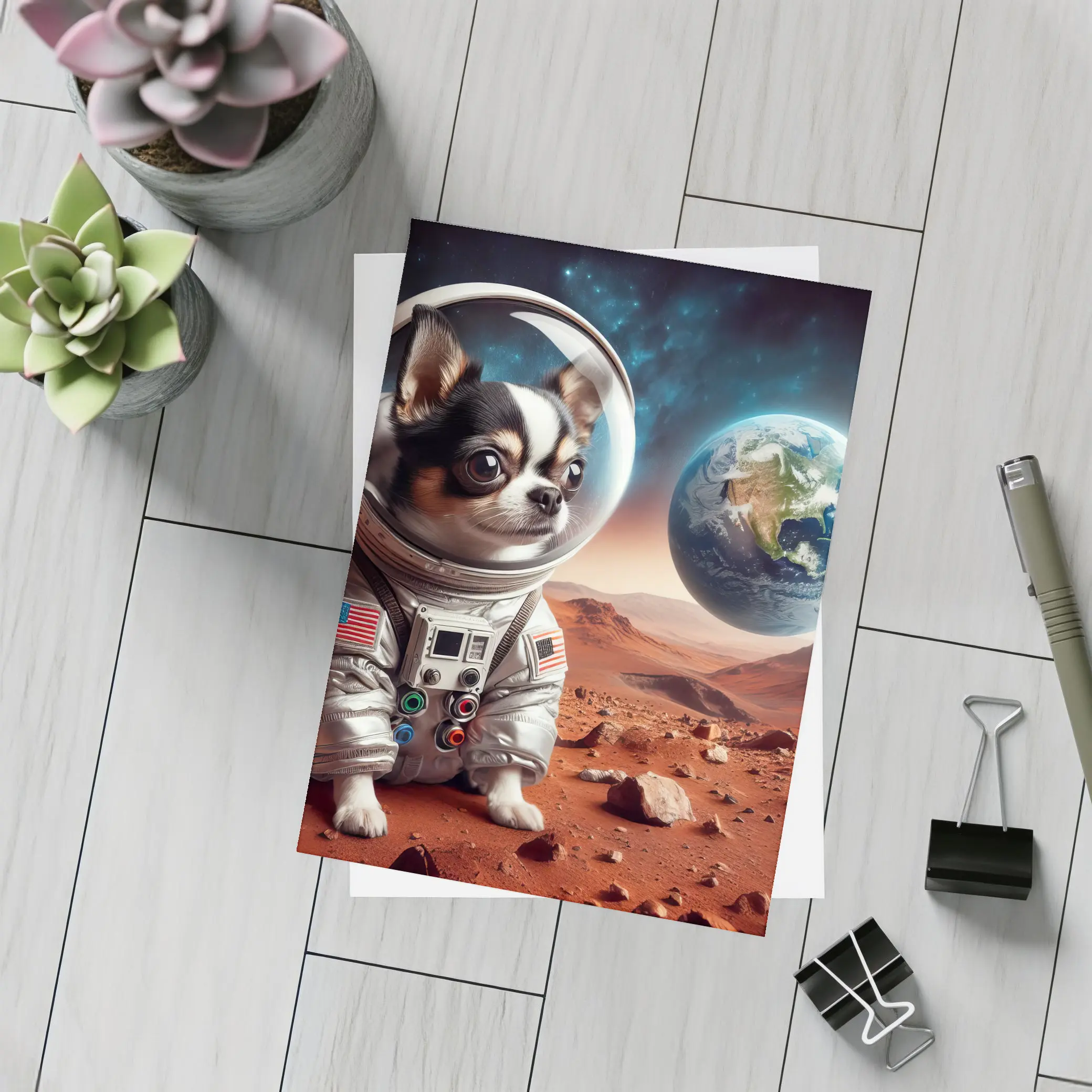 Chihuahua Astronaut on Mars Red Planet – Postcards