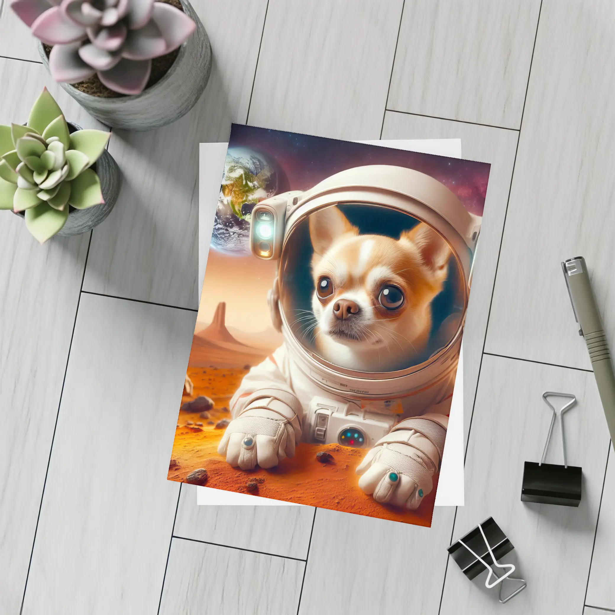 Chihuahua Astronaut on Mars Red Planet – Postcards