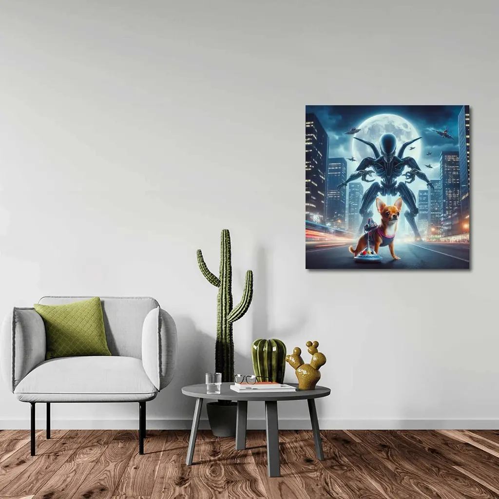 Chihuahua Hero Giant Alien City Night – Wall Art