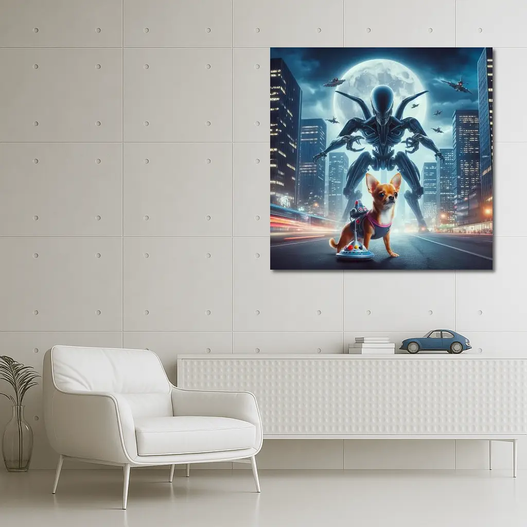 Chihuahua Hero Giant Alien City Night – Wall Art