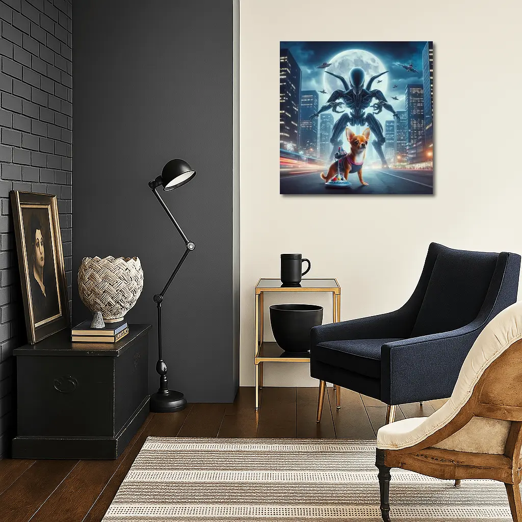 Chihuahua Hero Giant Alien City Night – Wall Art
