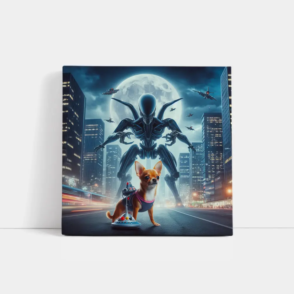 Chihuahua Hero Giant Alien City Night – Wall Art