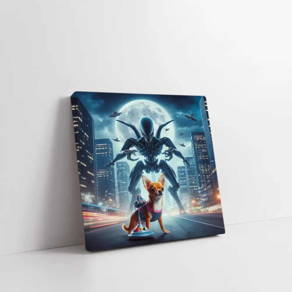 Chihuahua Hero Giant Alien City Night – Wall Art