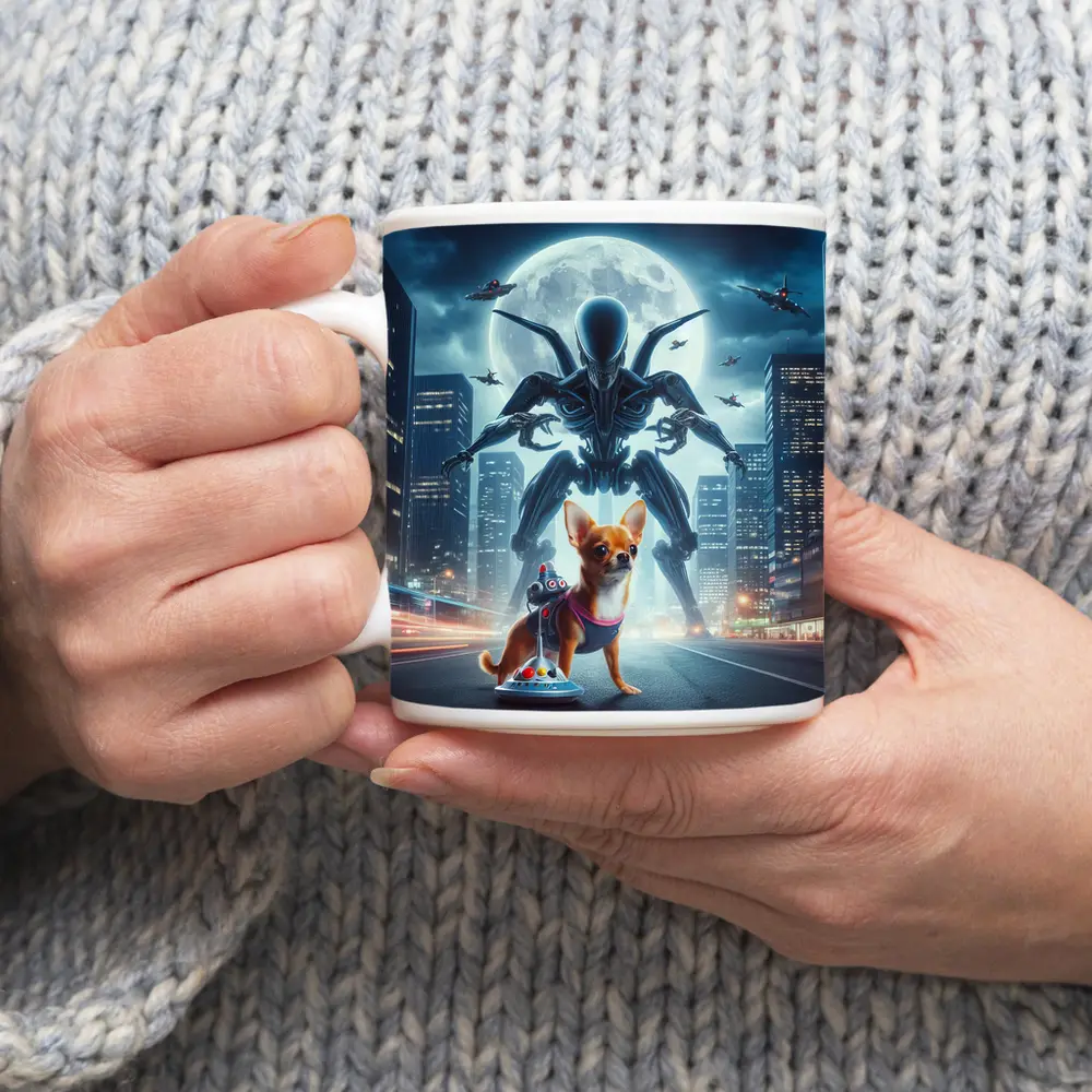 Chihuahua Hero Giant Alien City Night – Mugs