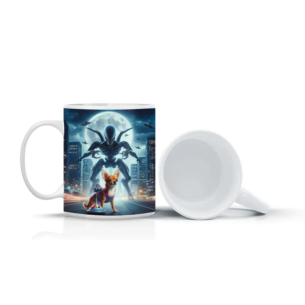 Chihuahua Hero Giant Alien City Night – Mugs