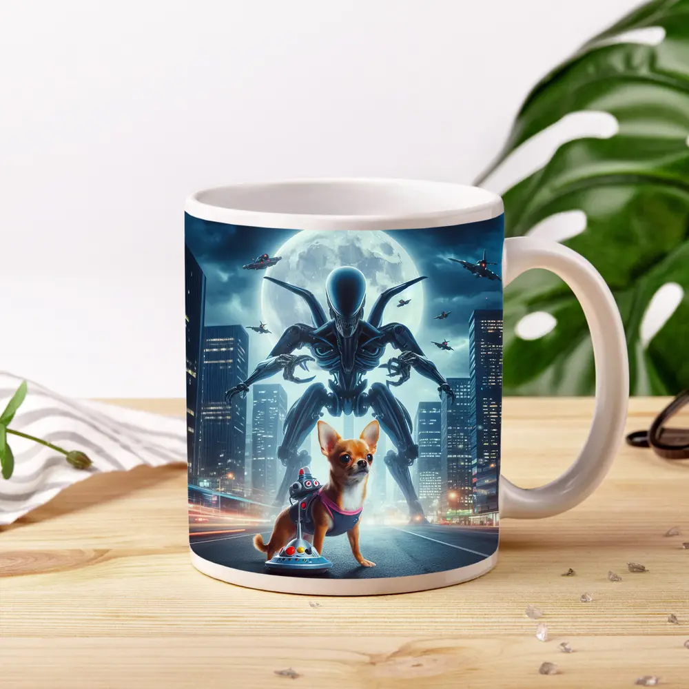 Chihuahua Hero Giant Alien City Night – Mugs