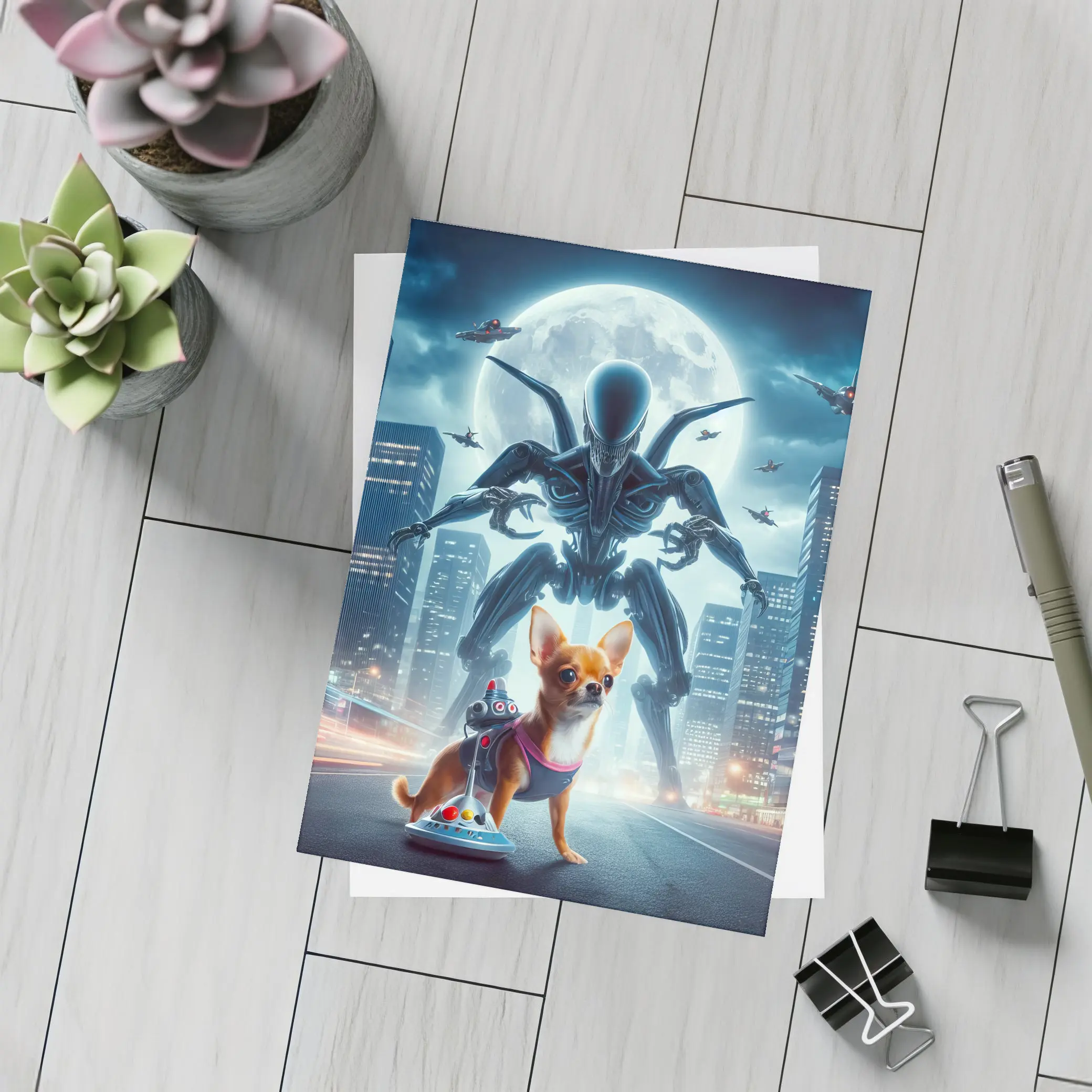 Chihuahua Hero Giant Alien City Night – Postcards