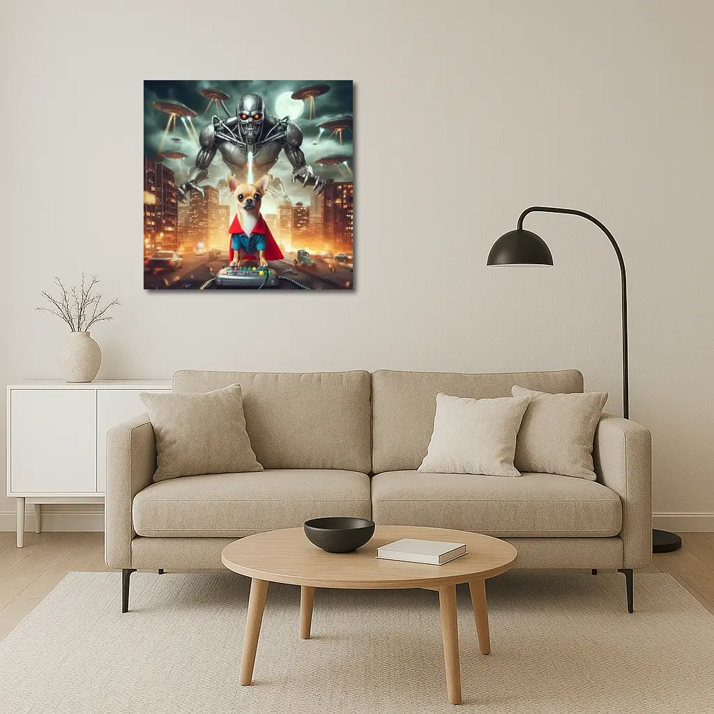 Chihuahua Hero Saves City From Robot Invasion – Wall Art