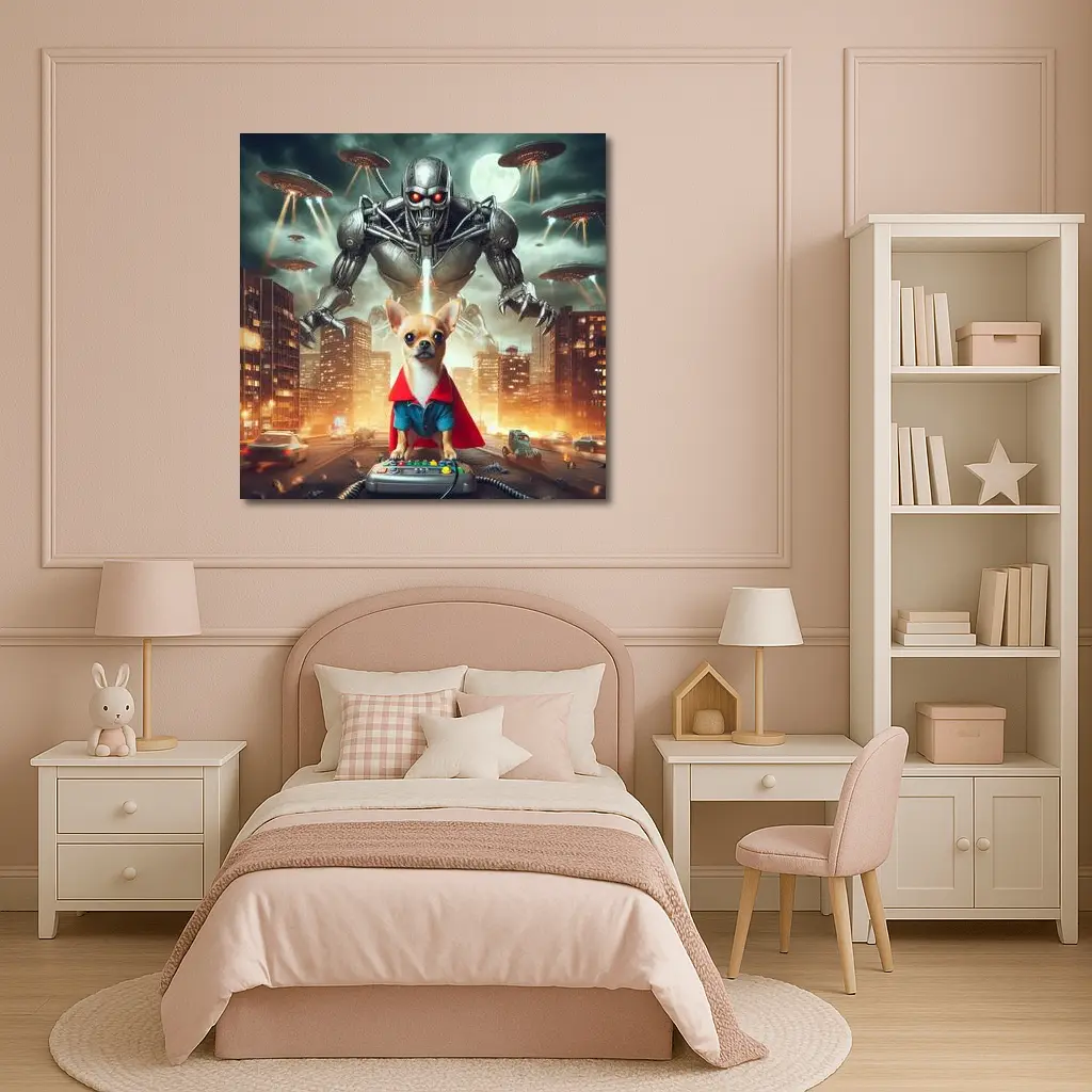 Chihuahua Hero Saves City From Robot Invasion – Wall Art