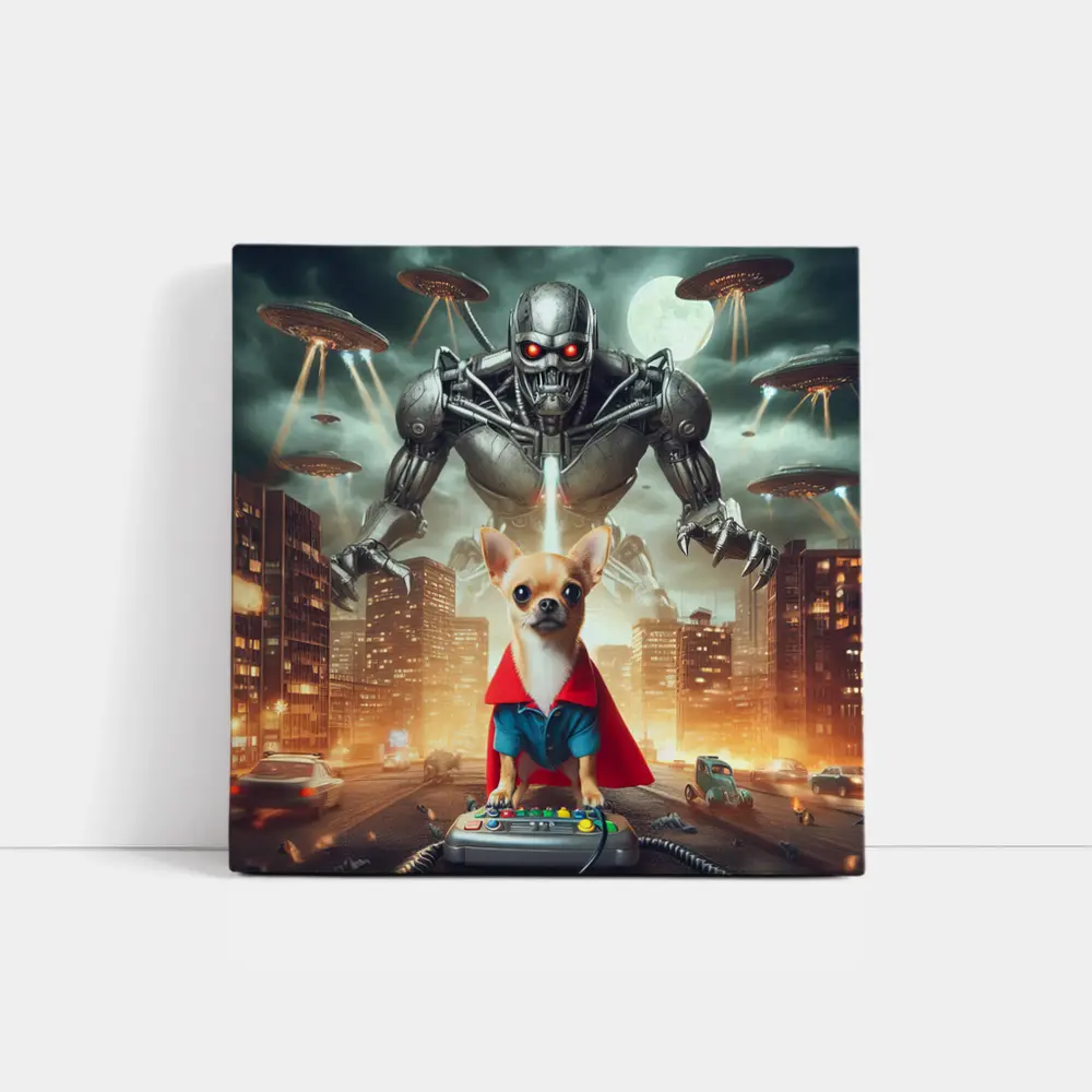 Chihuahua Hero Saves City From Robot Invasion – Wall Art