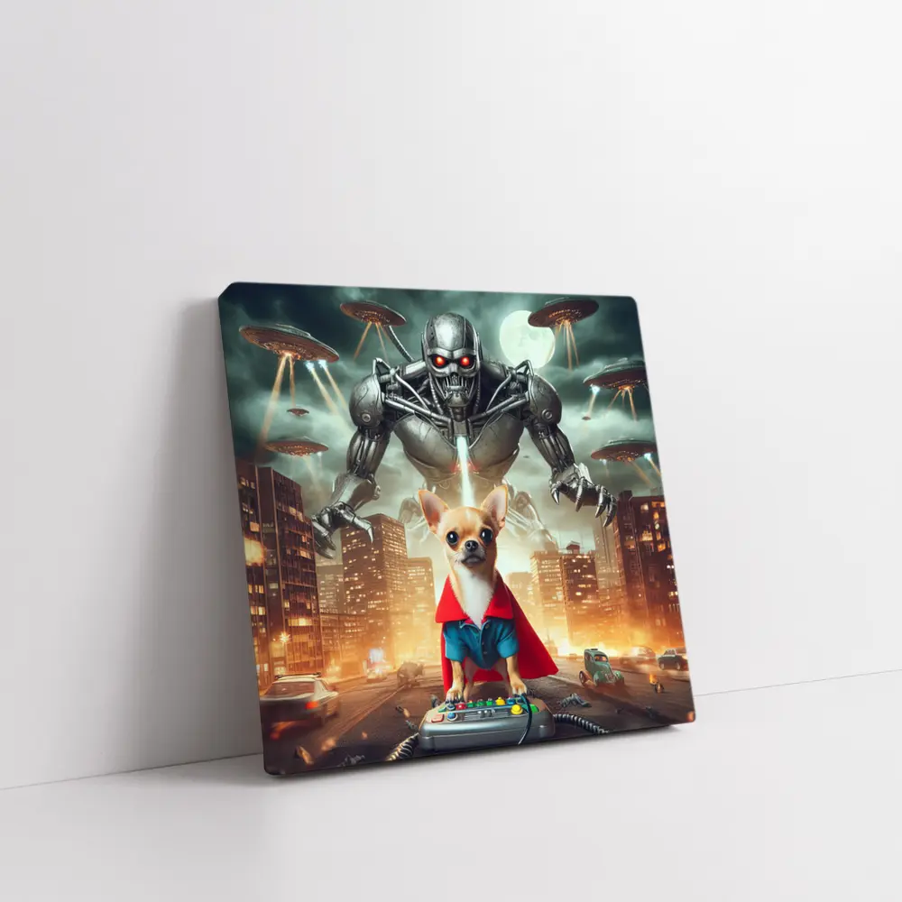 Chihuahua Hero Saves City From Robot Invasion – Wall Art