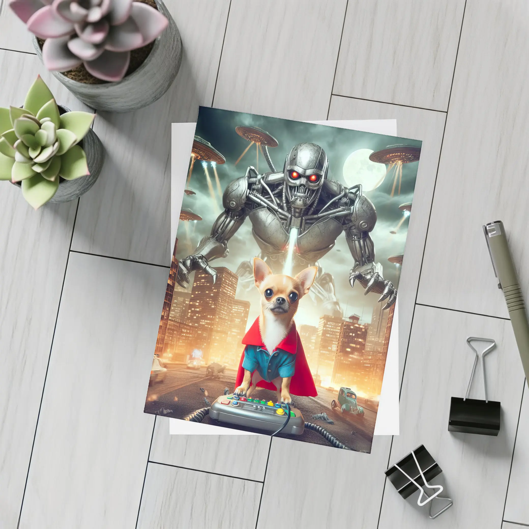 Chihuahua Hero Saves City From Robot Invasion – Postcards