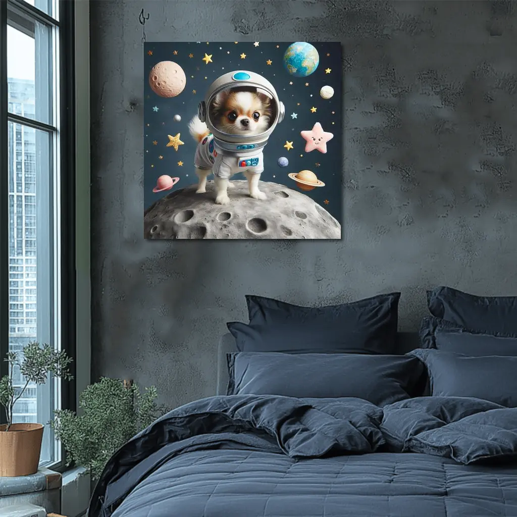 Chihuahua Astronaut Standing On Moon Space – Wall Art