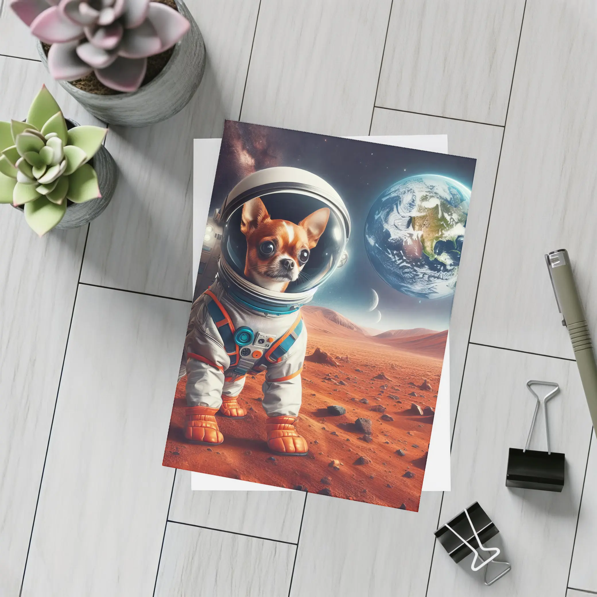 Chihuahua Astronaut Standing On Mars Surface – Postcards