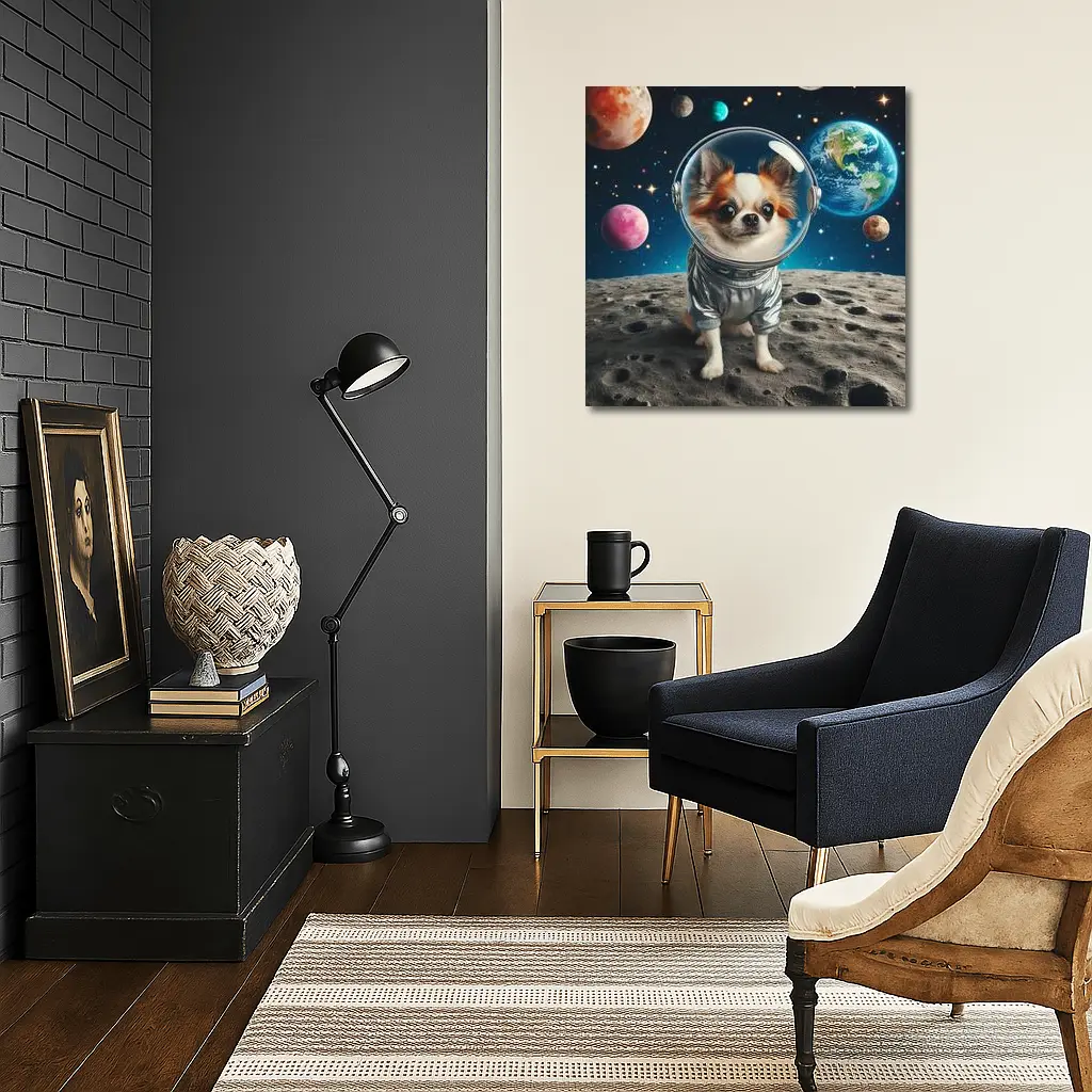 Chihuahua Astronaut Standing On Moon Surface – Wall Art