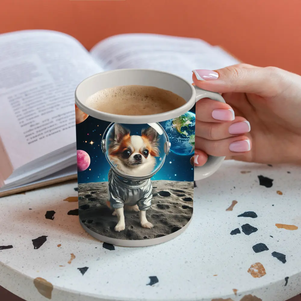 Chihuahua Astronaut Standing On Moon Surface – Mugs