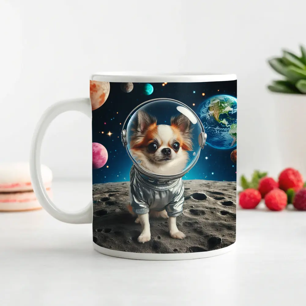 Chihuahua Astronaut Standing On Moon Surface – Mugs