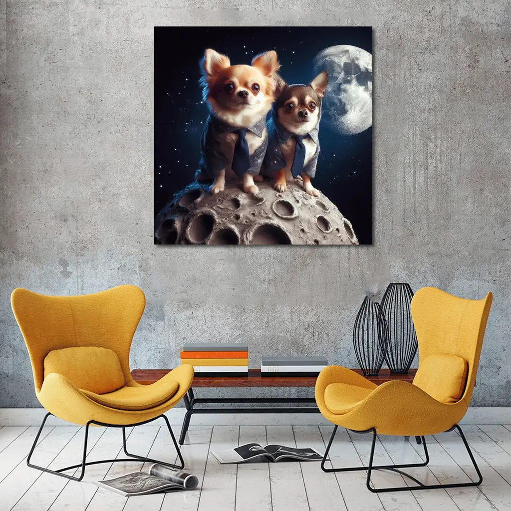 Two Chihuahuas in Suits on Moon – Wall Art