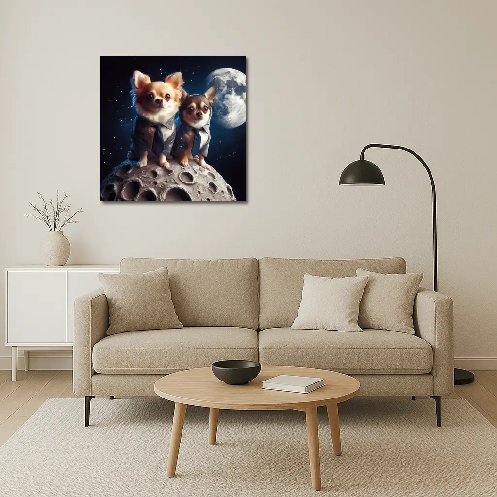 Two Chihuahuas in Suits on Moon – Wall Art