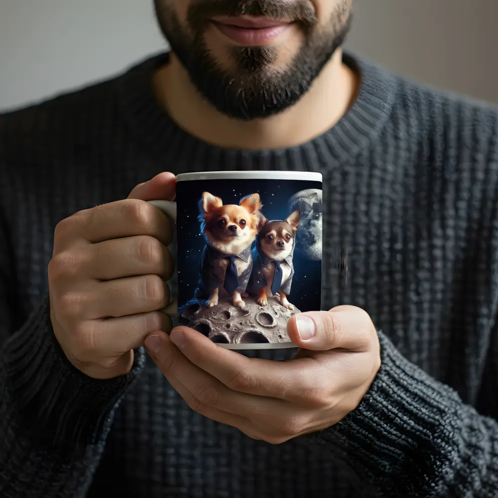 Two Chihuahuas in Suits on Moon – Mugs