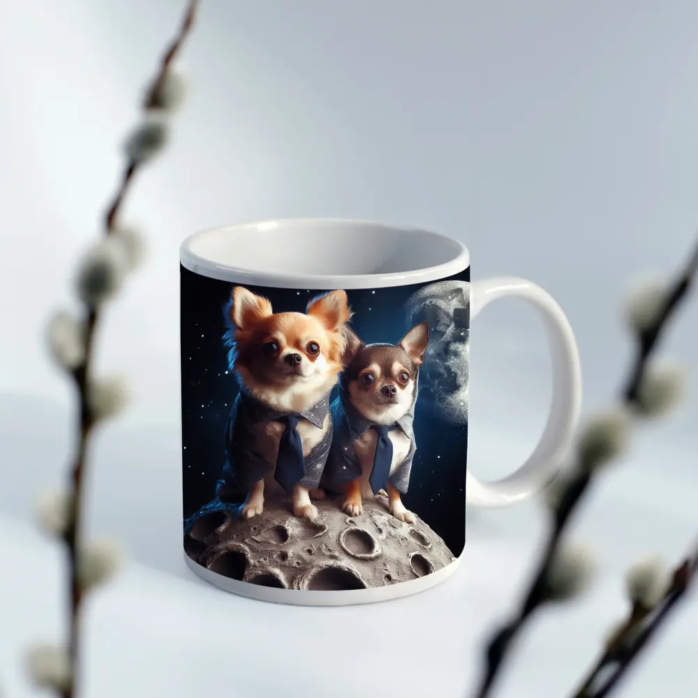 Two Chihuahuas in Suits on Moon – Mugs