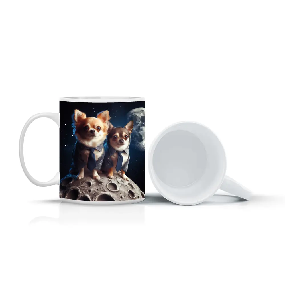 Two Chihuahuas in Suits on Moon – Mugs