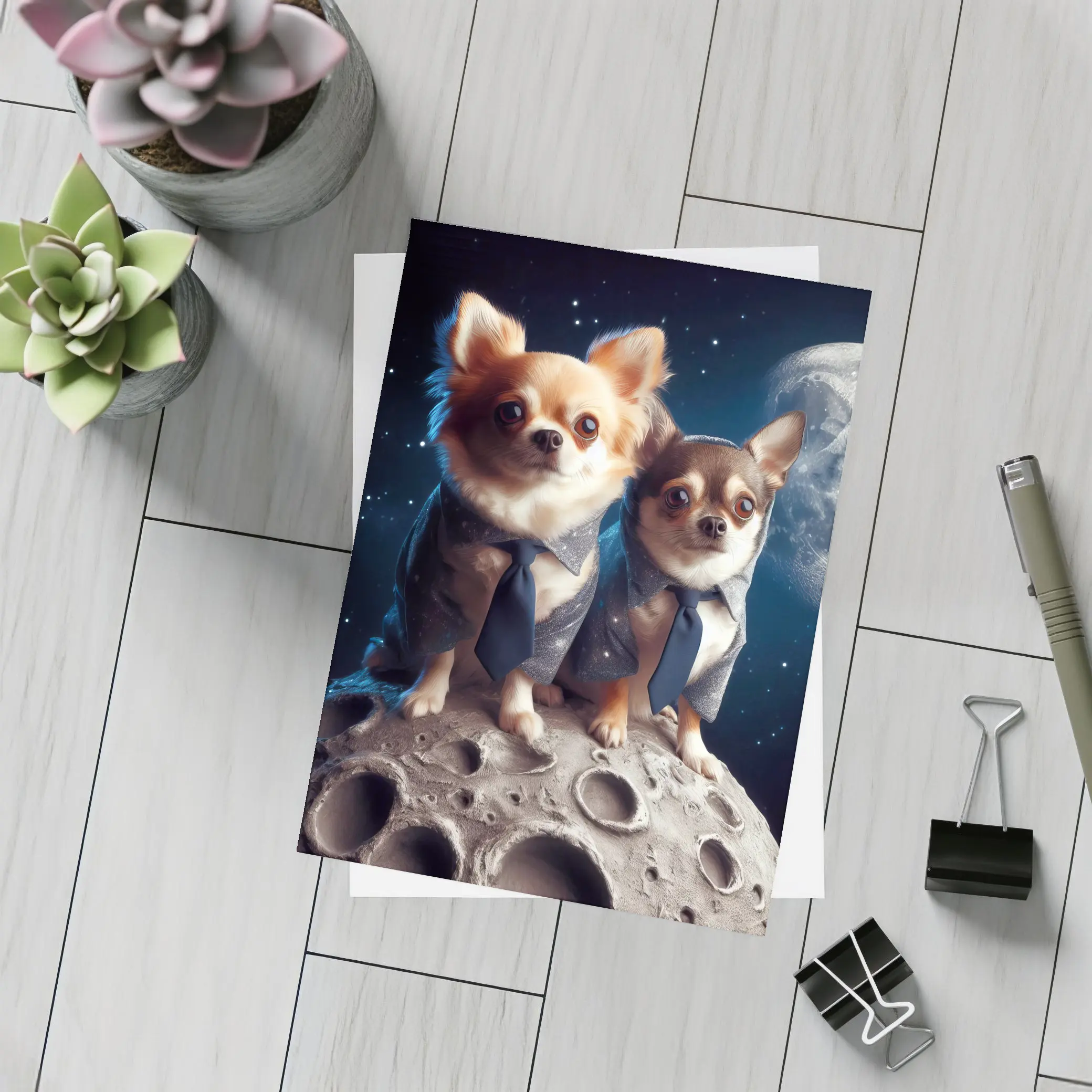 Two Chihuahuas in Suits on Moon – Postcards