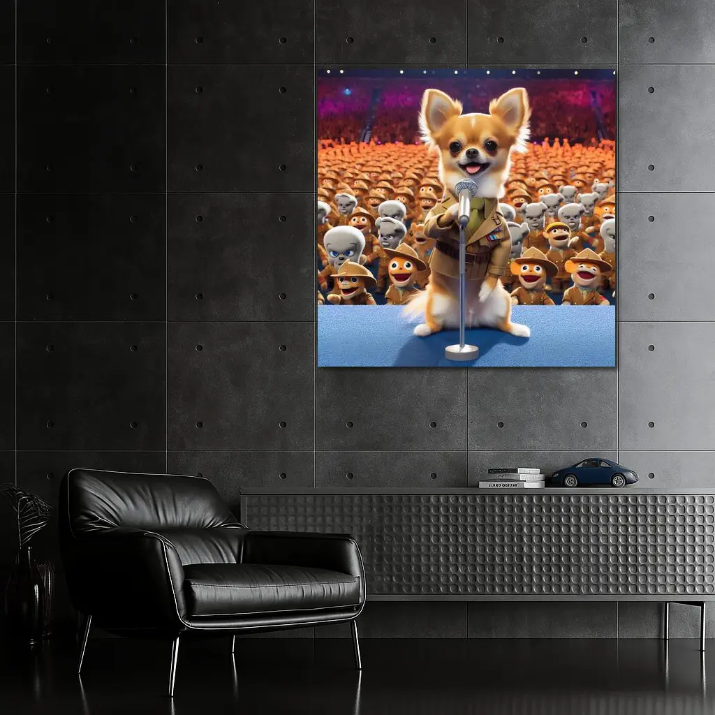 Chihuahua Commander Speech Cartoon Army Crowd – Wall Art