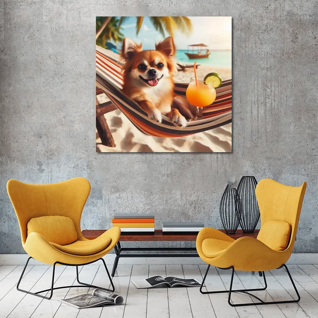 Chihuahua Relaxing On Beach Hammock Cocktail – Wall Art