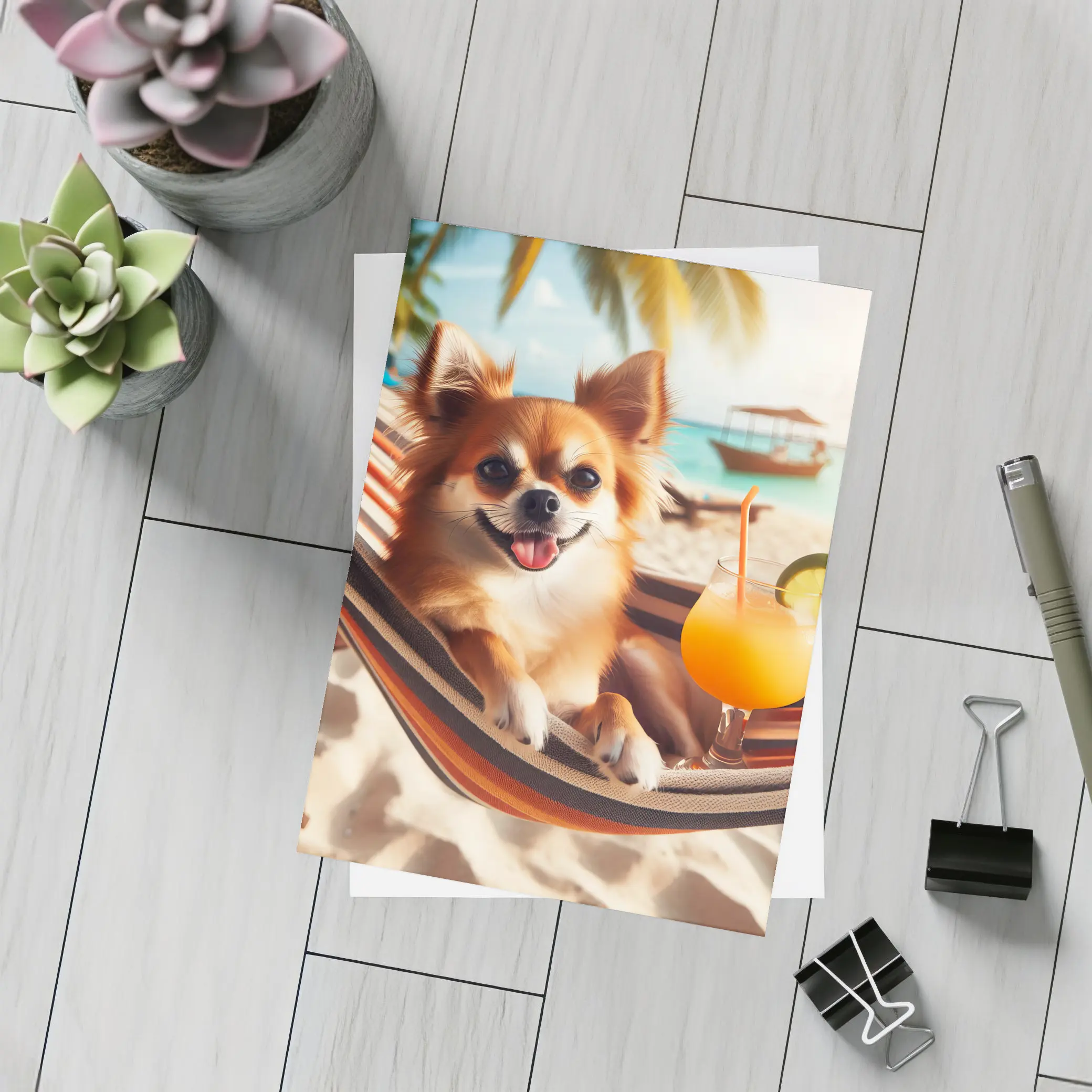 Chihuahua Relaxing On Beach Hammock Cocktail – Postcards
