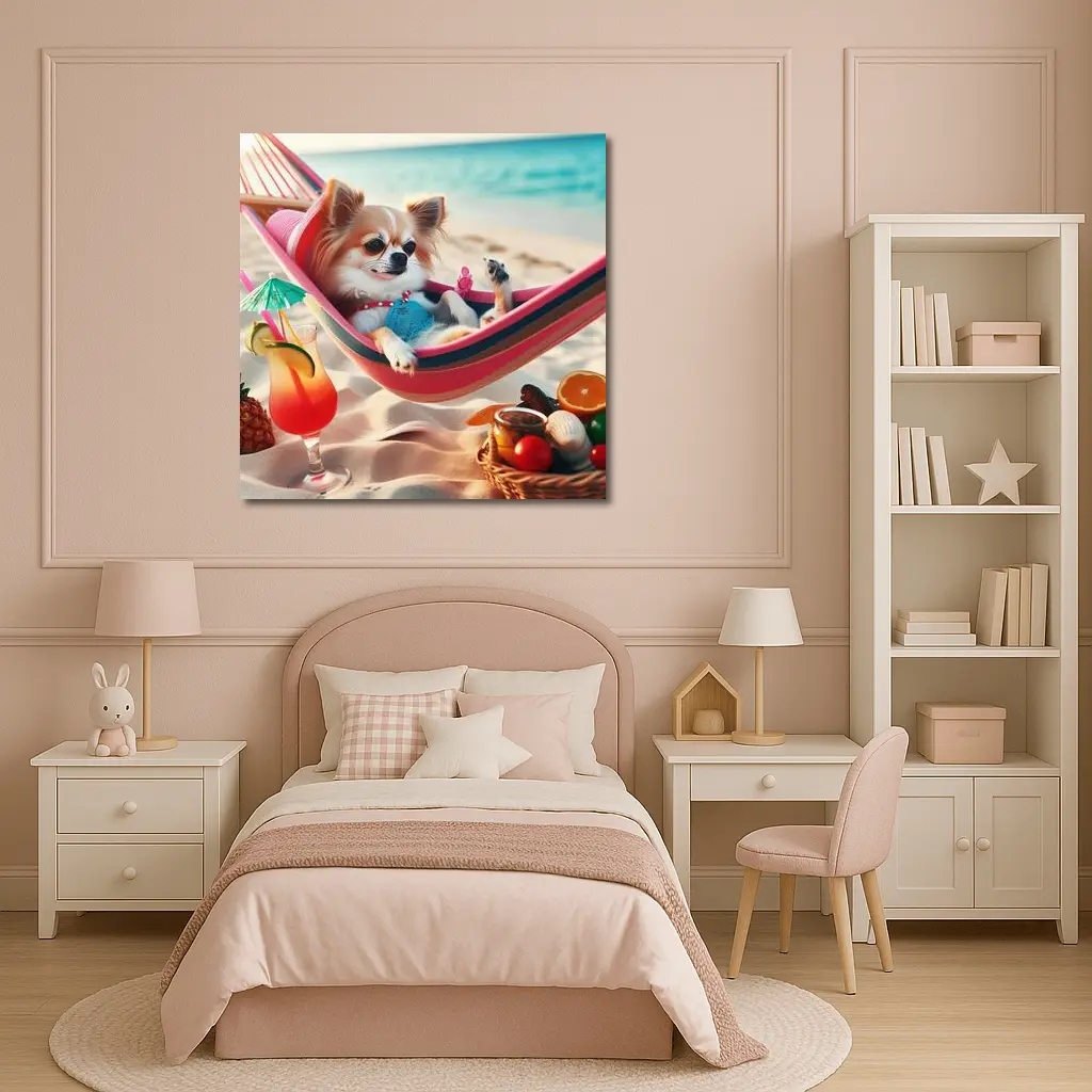 Chihuahua Relaxing In Hammock On Beach – Wall Art