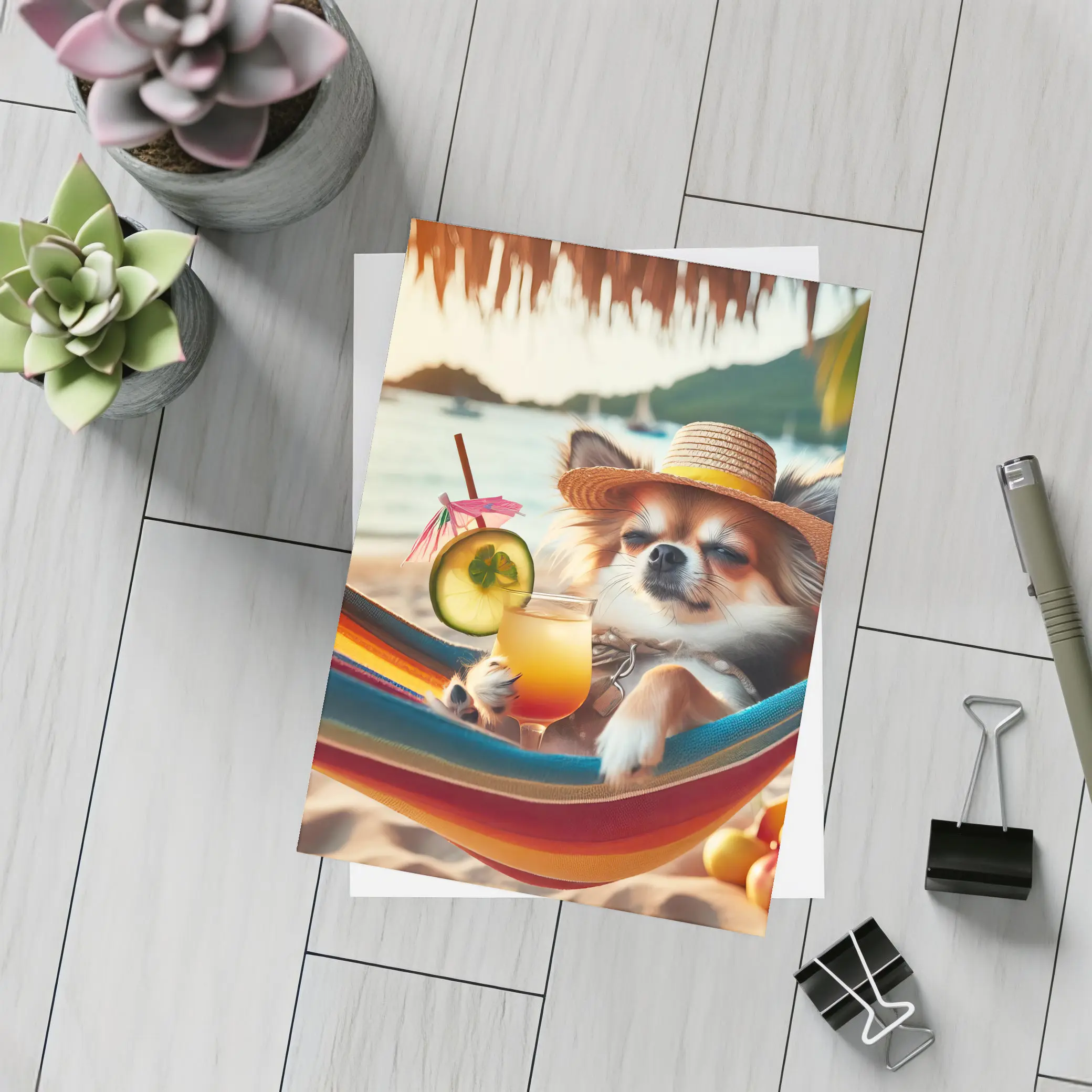 Chihuahua Relaxing Beach Hammock Tropical Cocktail – Postcards