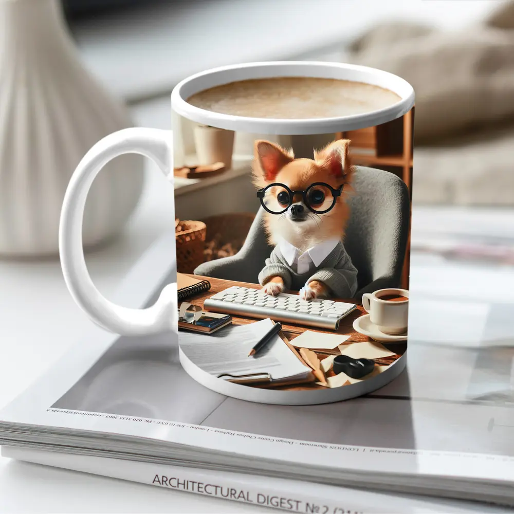 Chihuahua Boss Working At Office Desk – Mugs