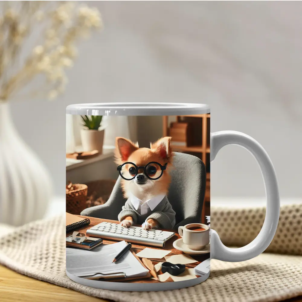 Chihuahua Boss Working At Office Desk – Mugs