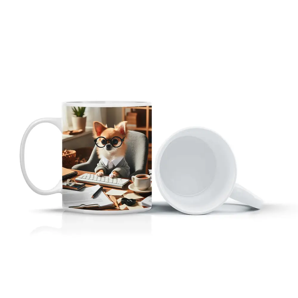 Chihuahua Boss Working At Office Desk – Mugs