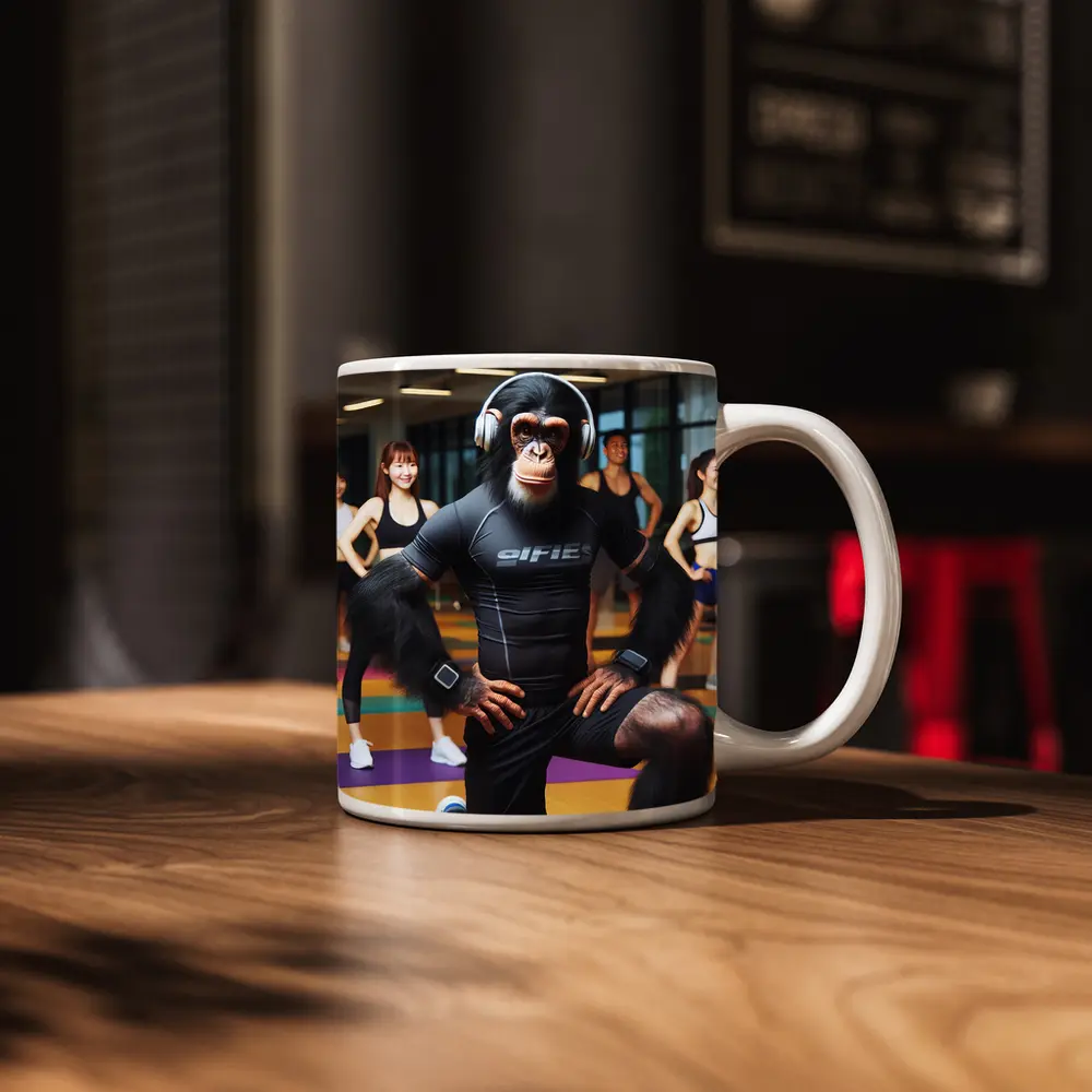 Chimpanzee Working Out in Fitness Gym – Mugs