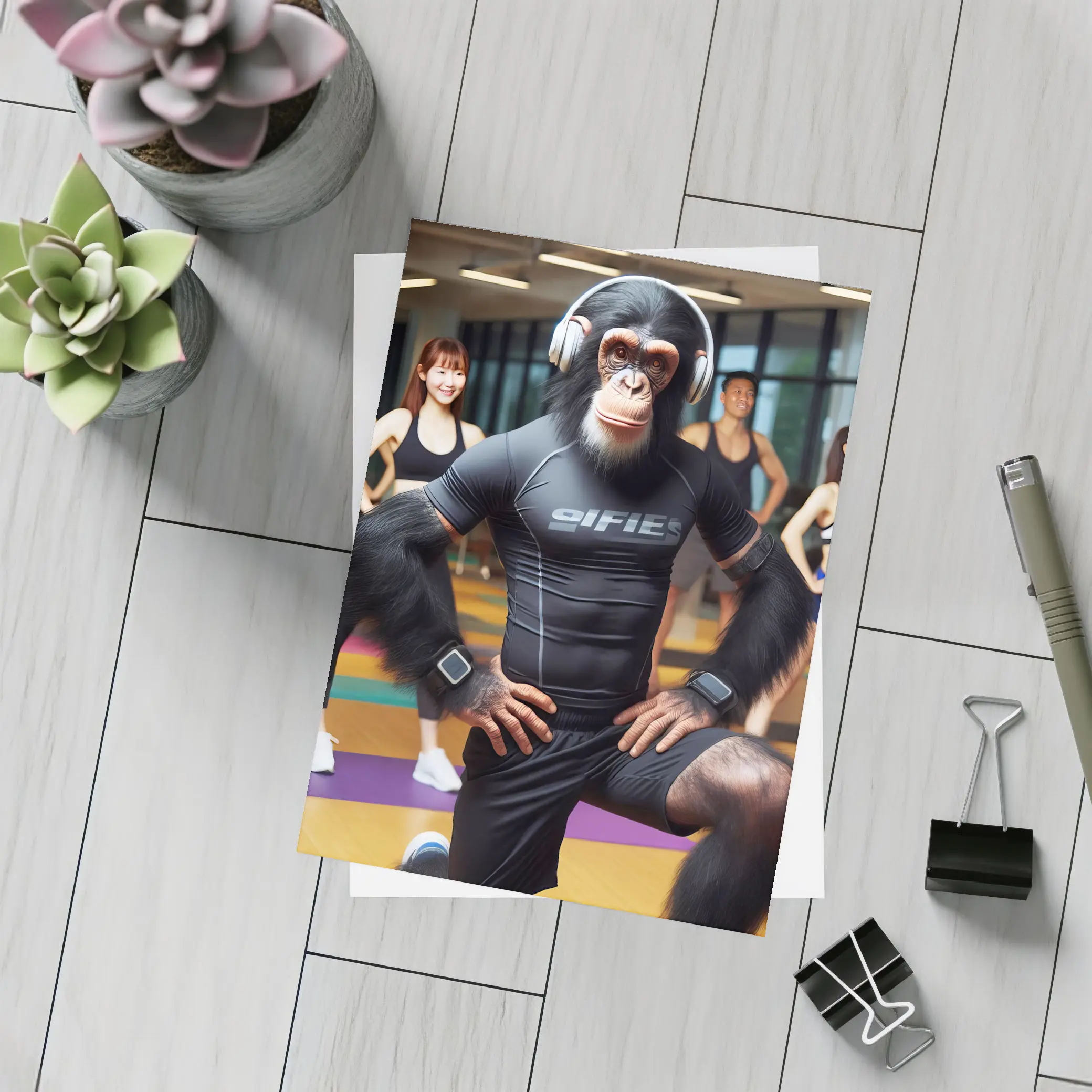Chimpanzee Working Out in Fitness Gym – Postcards