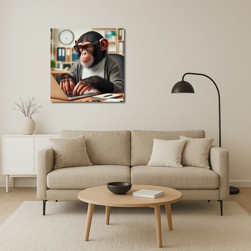 Chimpanzee Working on Laptop Office Setting – Wall Art